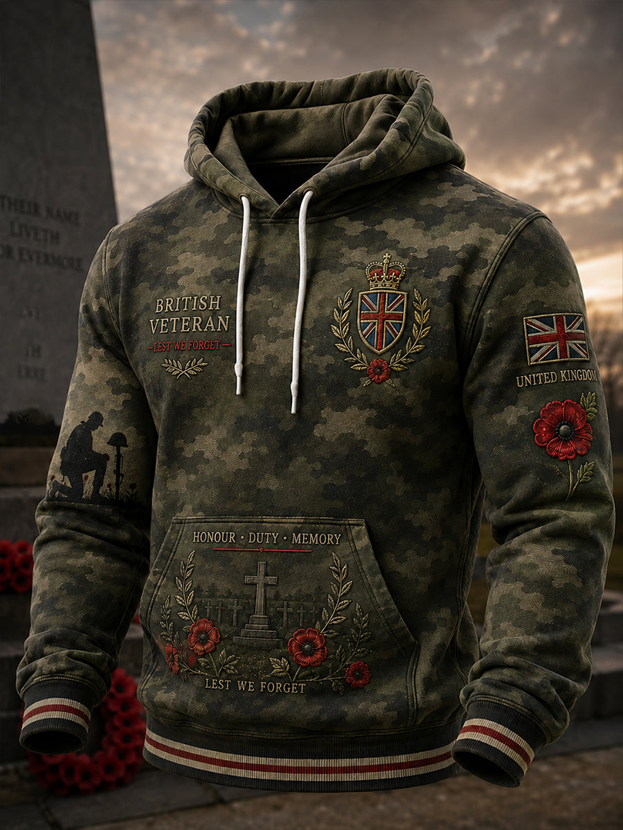 Men's Vintage-Style Long-Sleeve Hooded Sweatshirt With Veteran Commemorative Camouflage Print