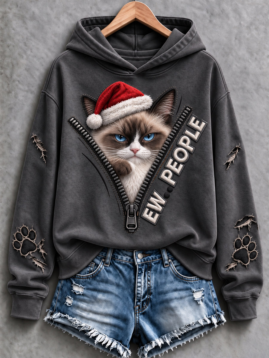 Women's Christmas Ew People Funny Cat Print Hoodie