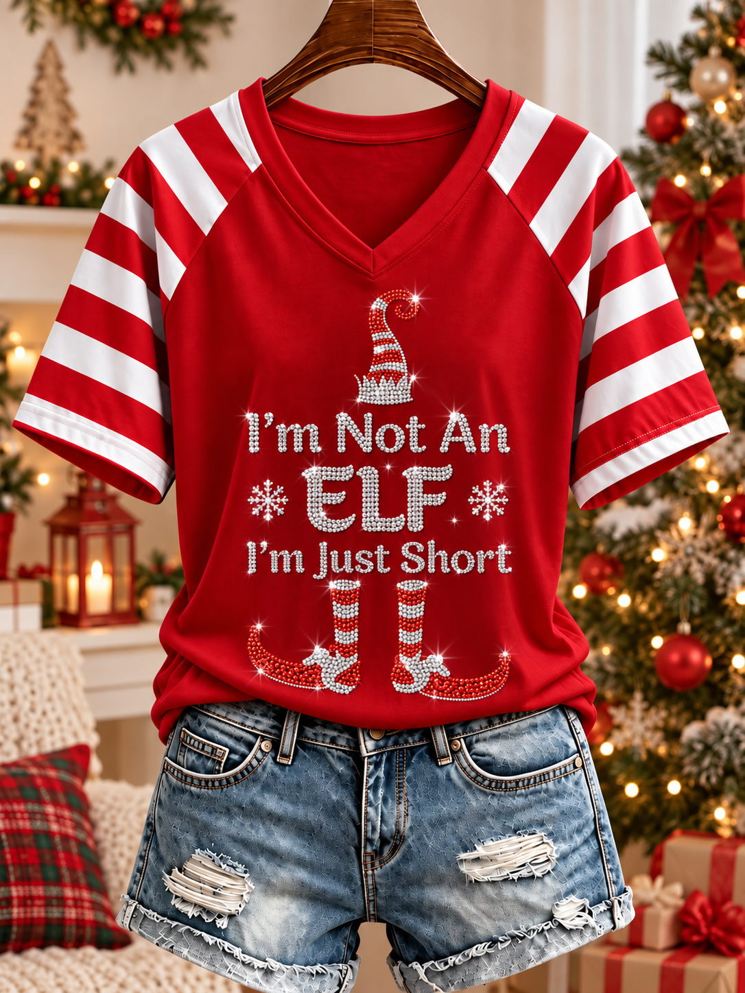 Women's Christmas V-neck Off-shoulder Short-sleeved T-shirt