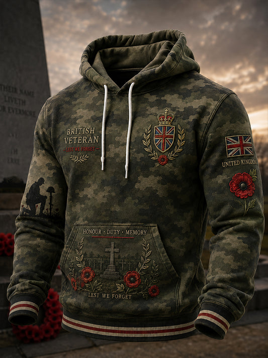 Men's Vintage-Style Long-Sleeve Hooded Sweatshirt With Veteran Commemorative Camouflage Print