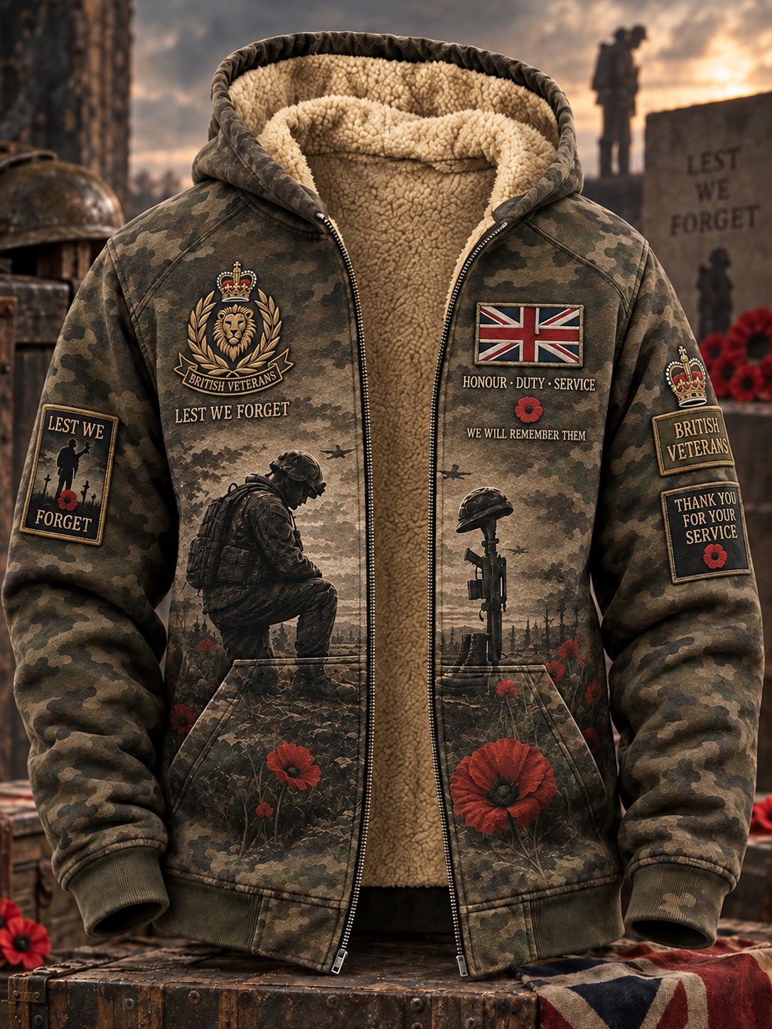 Men's Veteran Memorial Graphic Print Zip-Up Long-Sleeve Hoodie