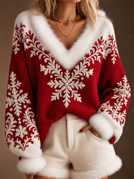 Women's Classy Christmas Snowflakes Contrast Color Print Fur Trim V Neck Sweater