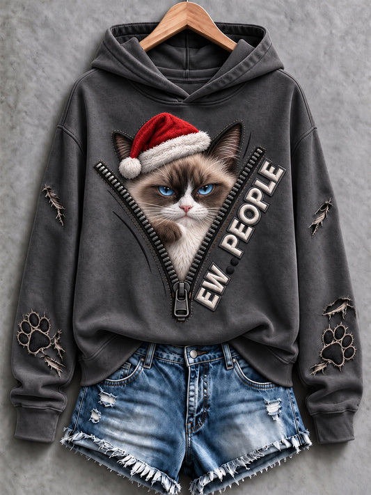 Women's Christmas Ew People Funny Cat Print Hoodie