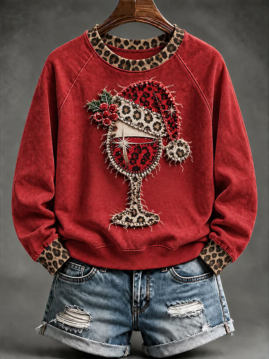 Women's Christmas Leopard Red Wine Glass Print Casual Sweatshirt