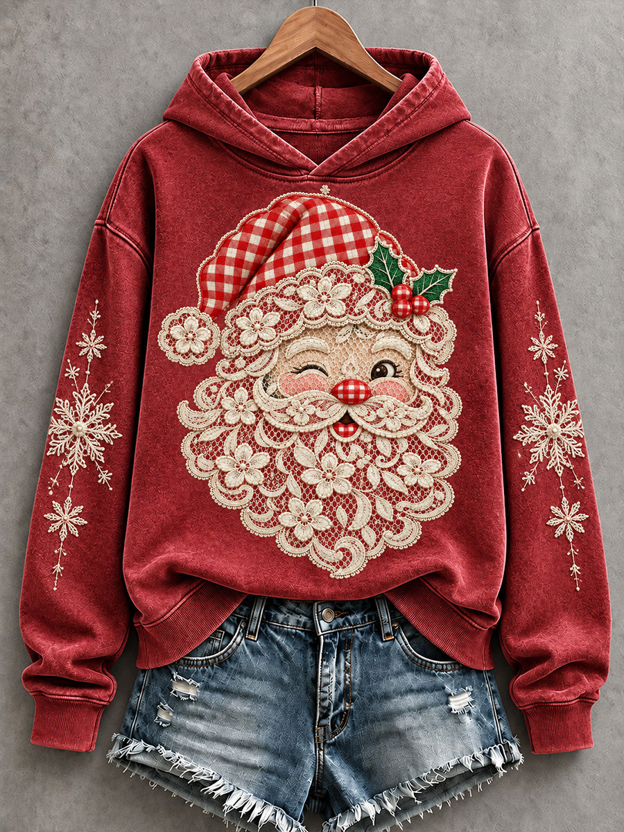 Women's Retro Lace Christmas Santa Print Cozy Hoodie